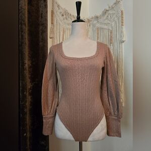 Pink Lily Textured Brown Knit Bodysuit
